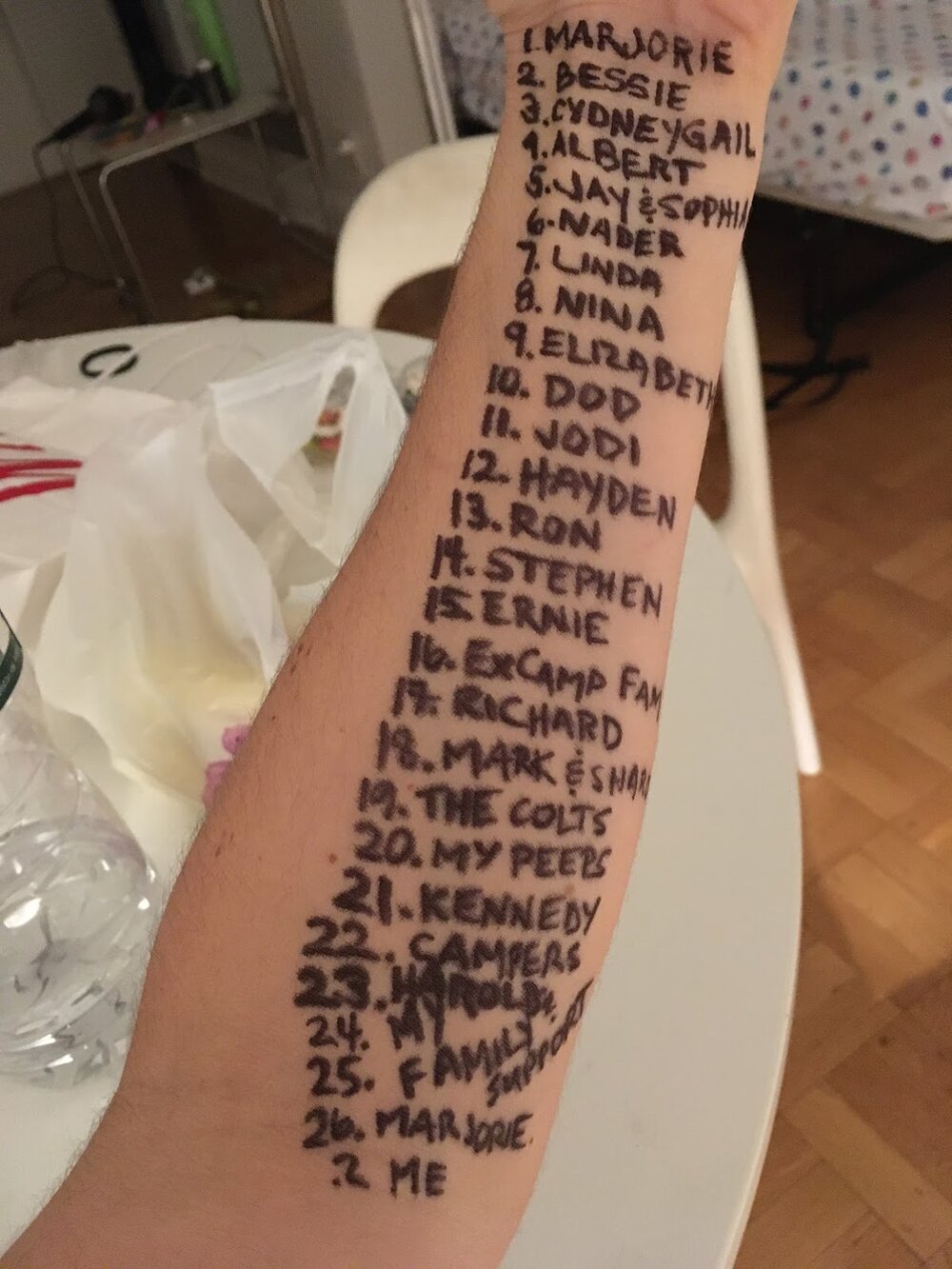 Daniela's arm with names on it