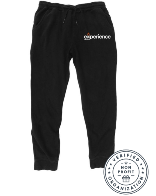 Black joggers with Experience Camps logo